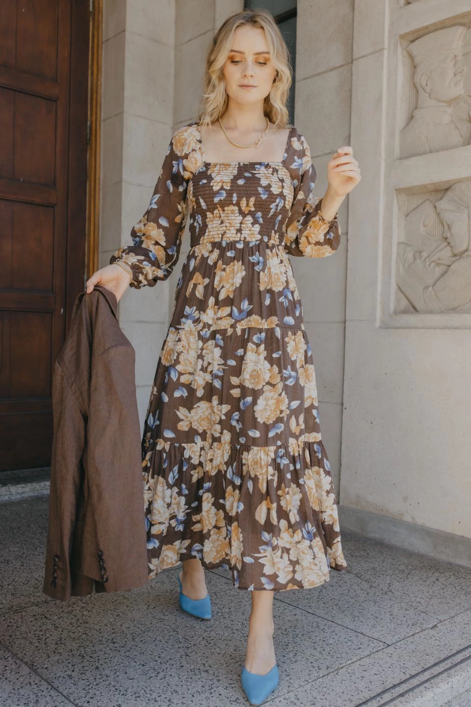 Ivy + Jack Ruby Mocha Floral LS Shirred Bodice Tiered Midi Dress Dresses