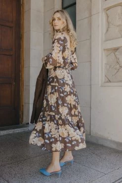 Ivy + Jack Ruby Mocha Floral LS Shirred Bodice Tiered Midi Dress Dresses