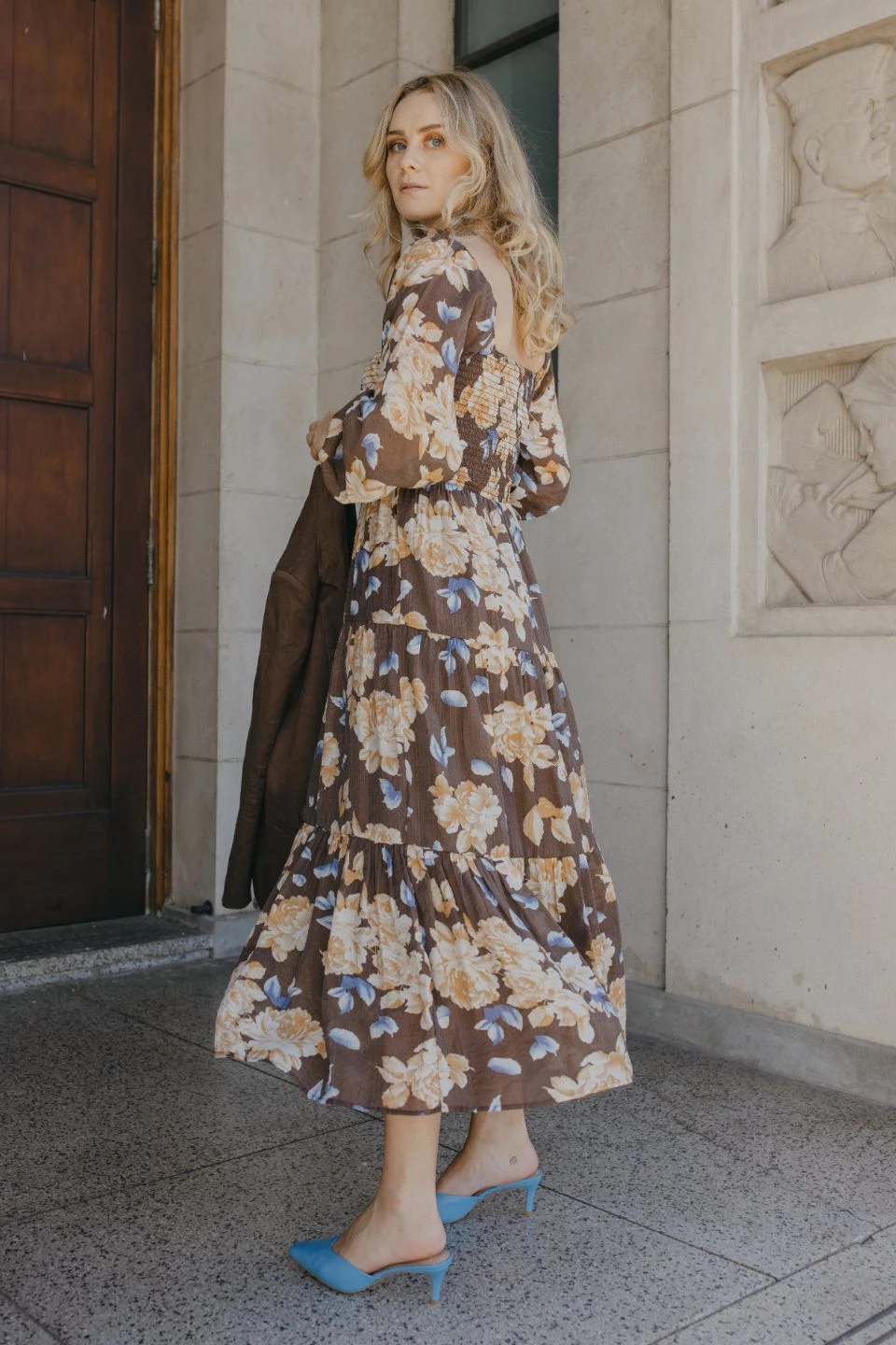 Ivy + Jack Ruby Mocha Floral LS Shirred Bodice Tiered Midi Dress Dresses