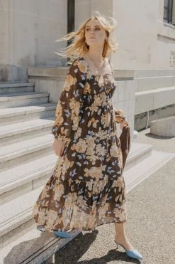 Ivy + Jack Ruby Mocha Floral LS Shirred Bodice Tiered Midi Dress Dresses