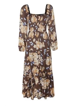 Ivy + Jack Ruby Mocha Floral LS Shirred Bodice Tiered Midi Dress Dresses