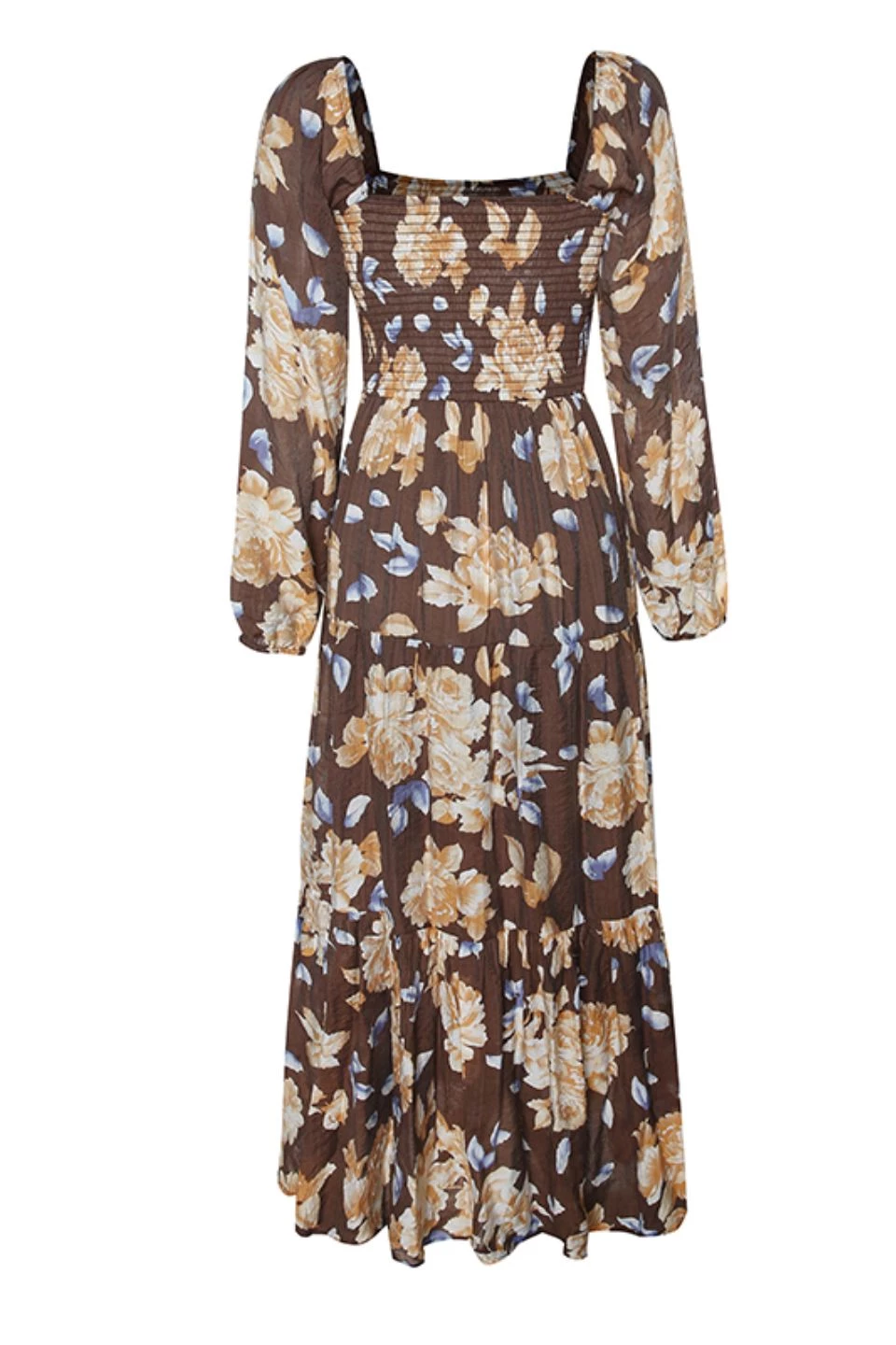 Ivy + Jack Ruby Mocha Floral LS Shirred Bodice Tiered Midi Dress Dresses