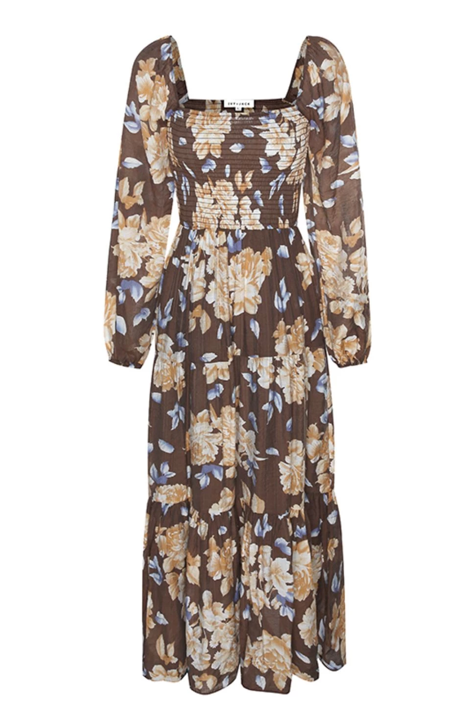 Ivy + Jack Ruby Mocha Floral LS Shirred Bodice Tiered Midi Dress Dresses