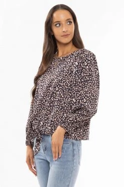 Seeking Lola New In Muse Navy Leopard LS Tie Front Top