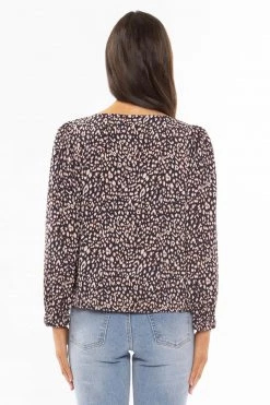Seeking Lola New In Muse Navy Leopard LS Tie Front Top