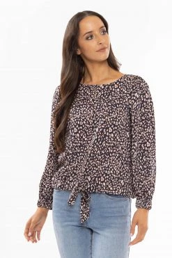 Seeking Lola New In Muse Navy Leopard LS Tie Front Top