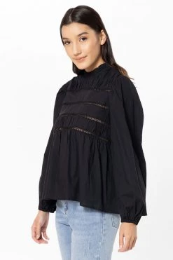 Seeking Lola Desire Black Lace Front LS Top Tops & Tees