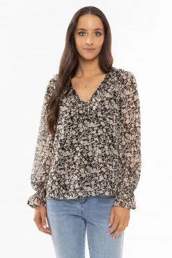 Seeking Lola New In Sweet Dreams Black Paisley LS Frill V Neck Top