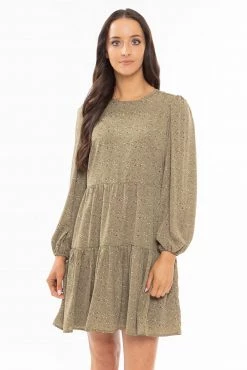 Seeking Lola New In Carnival Olive Floral Blouson LS Tiered Smock Dress