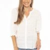 Seeking Lola Kindness White Buttoned V Neck Puff Sleeve Elastic Cuff Shirt Tops & Tees