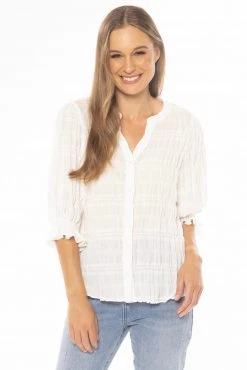 Seeking Lola Kindness White Buttoned V Neck Puff Sleeve Elastic Cuff Shirt Tops & Tees