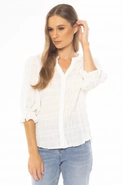 Seeking Lola Kindness White Buttoned V Neck Puff Sleeve Elastic Cuff Shirt Tops & Tees
