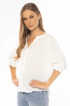 Seeking Lola Kindness White Buttoned V Neck Puff Sleeve Elastic Cuff Shirt Tops & Tees