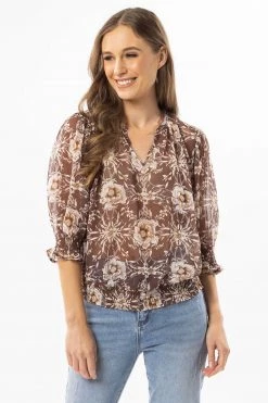 Seeking Lola Fae Brown Floral V Neck SS Shirred Hem Top