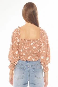 Seeking Lola Angelic Toffee Bloom Puff LS Shirred Bodice Top Tops & Tees