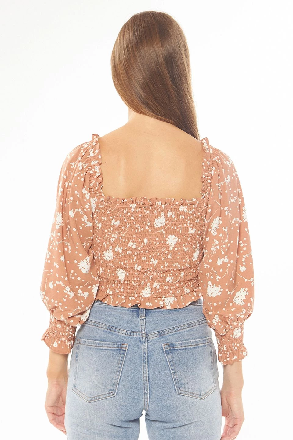 Seeking Lola Angelic Toffee Bloom Puff LS Shirred Bodice Top Tops & Tees