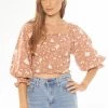 Seeking Lola Angelic Toffee Bloom Puff LS Shirred Bodice Top Tops & Tees