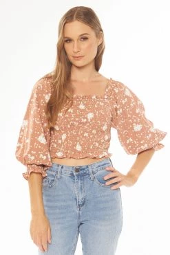 Seeking Lola Angelic Toffee Bloom Puff LS Shirred Bodice Top Tops & Tees