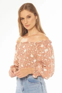 Seeking Lola Angelic Toffee Bloom Puff LS Shirred Bodice Top Tops & Tees