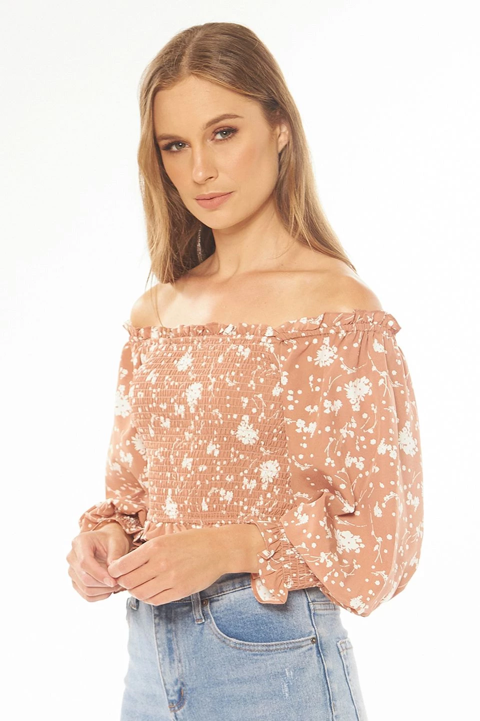Seeking Lola Angelic Toffee Bloom Puff LS Shirred Bodice Top Tops & Tees