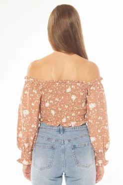 Seeking Lola Angelic Toffee Bloom Puff LS Shirred Bodice Top Tops & Tees