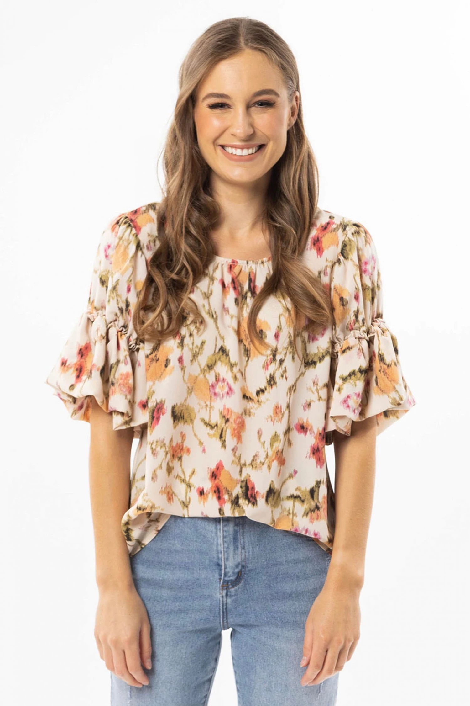 Seeking Lola Vibrant Ivory Smudge Bubble Frilled SS Top