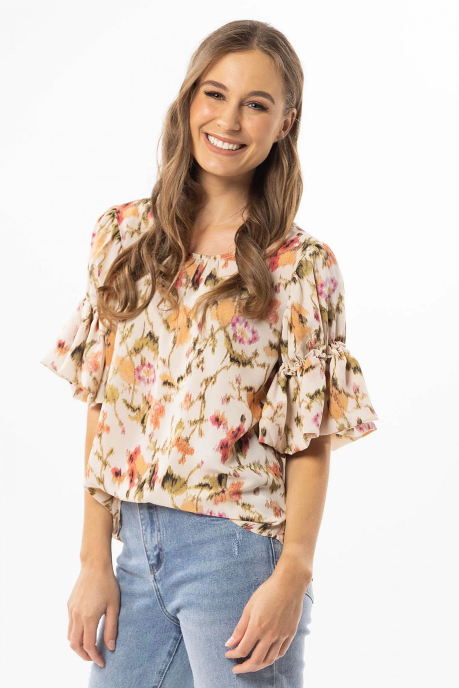 Seeking Lola Vibrant Ivory Smudge Bubble Frilled SS Top