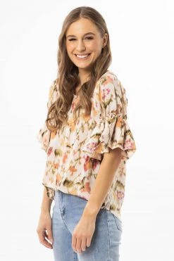 Seeking Lola Vibrant Ivory Smudge Bubble Frilled SS Top