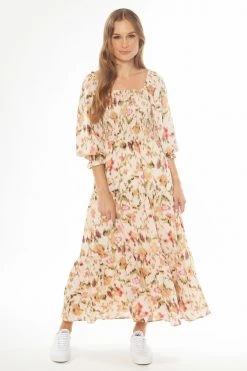 Seeking Lola Soulful Ivory Smudge Shirred Bodice LS Tiered Midi Dress Dresses