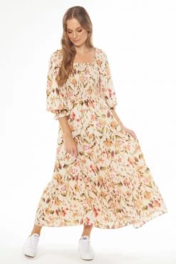 Seeking Lola Soulful Ivory Smudge Shirred Bodice LS Tiered Midi Dress Dresses