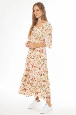 Seeking Lola Soulful Ivory Smudge Shirred Bodice LS Tiered Midi Dress Dresses