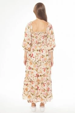 Seeking Lola Soulful Ivory Smudge Shirred Bodice LS Tiered Midi Dress Dresses