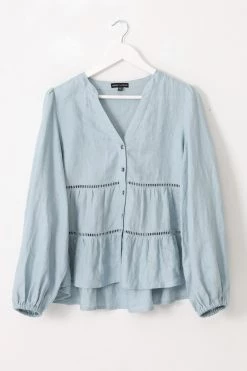 Among The Brave Neptune Duck Egg Blue Linen LS Puff Sleeve Tiered Blouse