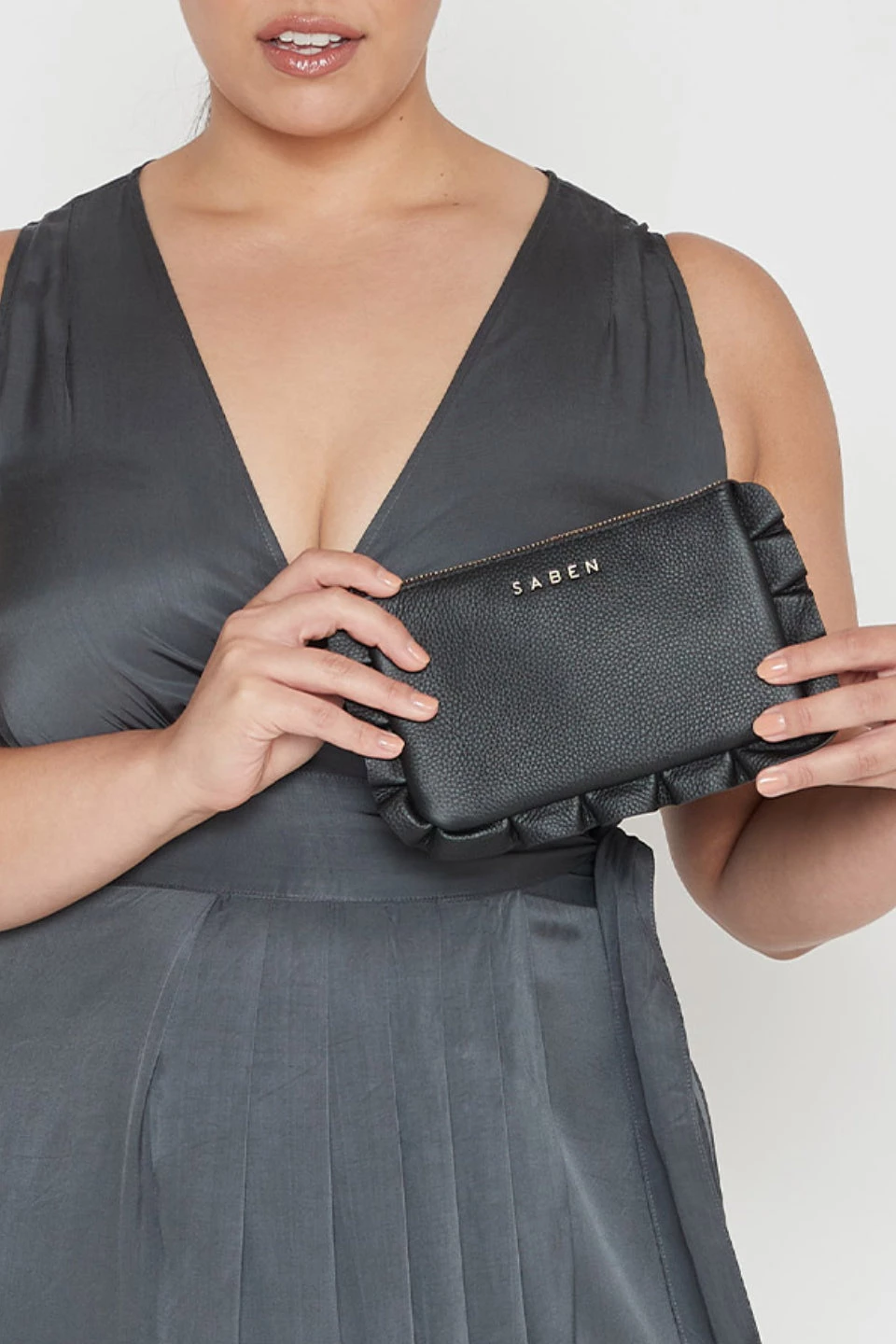 SABEN Bags The Edit Frilly Tilly Multi Pocket Black Leather Clutch