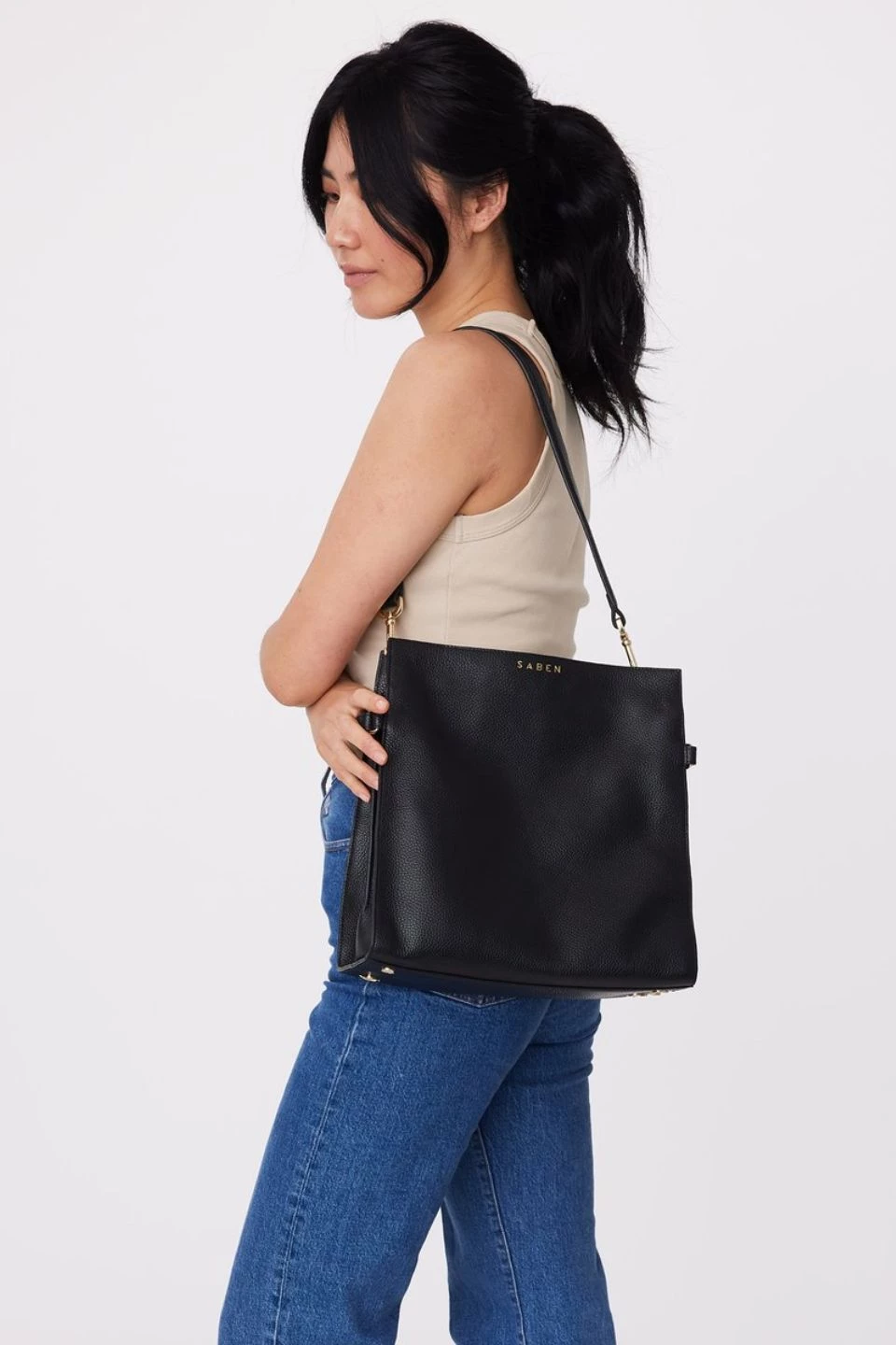 SABEN Bags Beatrice Black Leather Square Tote Bag Support Local