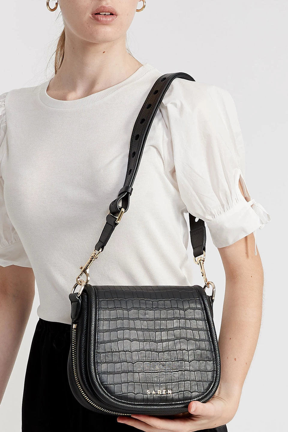 SABEN Bags Sadie Black Croc Saddle Shoulder Bag Support Local