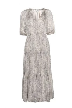 Ivy + Jack Dresses Santorini Champagne Cheeta V Neck Mid Sleeve Tiered Maxi Dress