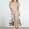 Ivy + Jack Dresses Santorini Champagne Cheeta V Neck Mid Sleeve Tiered Maxi Dress