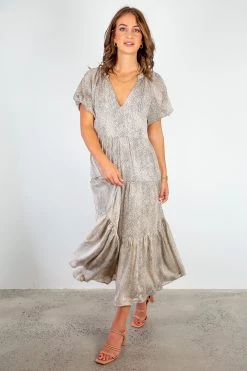 Ivy + Jack Dresses Santorini Champagne Cheeta V Neck Mid Sleeve Tiered Maxi Dress