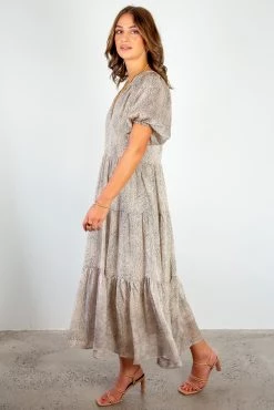 Ivy + Jack Dresses Santorini Champagne Cheeta V Neck Mid Sleeve Tiered Maxi Dress