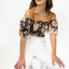 Ivy + Jack Sara Chocolate Floral Square Neck Bubble SS Shirred Crop Top Tops & Tees