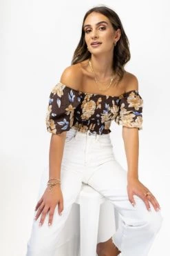 Ivy + Jack Sara Chocolate Floral Square Neck Bubble SS Shirred Crop Top Tops & Tees