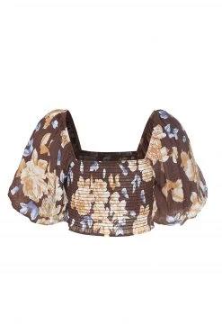 Ivy + Jack Sara Chocolate Floral Square Neck Bubble SS Shirred Crop Top Tops & Tees