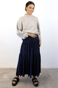 Among The Brave Sensational Navy Tiered Satin Tie Waist Maxi Skirt Skirts