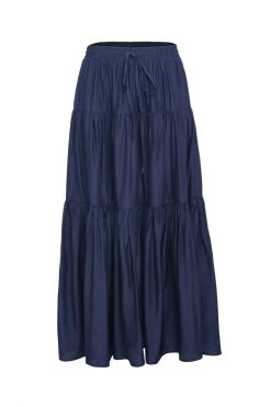 Among The Brave Sensational Navy Tiered Satin Tie Waist Maxi Skirt Skirts
