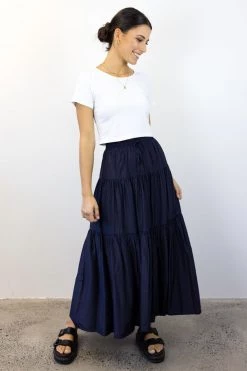 Among The Brave Sensational Navy Tiered Satin Tie Waist Maxi Skirt Skirts