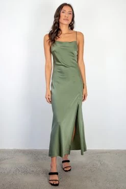 Among The Brave Dresses Show Stopper Moss Satin Strappy Loop Back Bias Slip Midi Dress