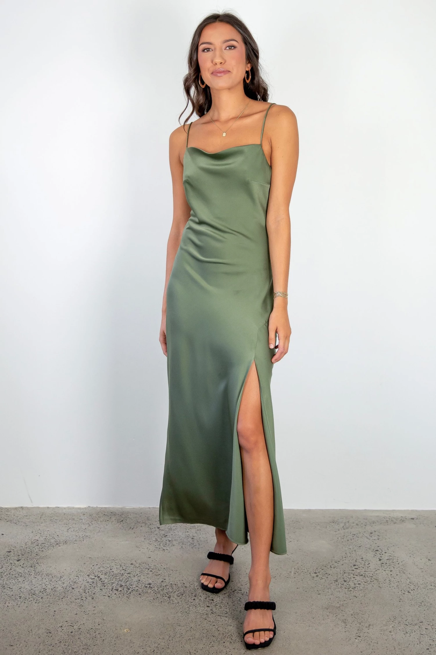 Among The Brave Dresses Show Stopper Moss Satin Strappy Loop Back Bias Slip Midi Dress