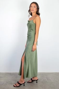 Among The Brave Dresses Show Stopper Moss Satin Strappy Loop Back Bias Slip Midi Dress