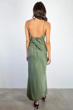 Among The Brave Dresses Show Stopper Moss Satin Strappy Loop Back Bias Slip Midi Dress